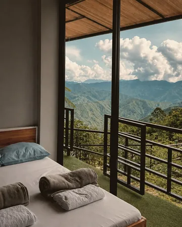 Comfortable resort room interior with mountain backdrop at New Year's Peak